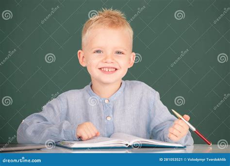 Kid Writing In Notebook In Class Little Schoolboy Study In A Classroom