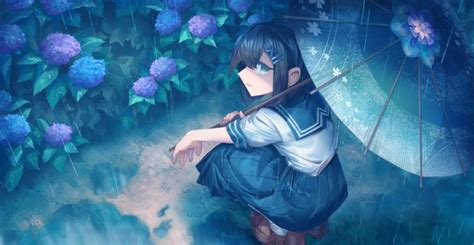 Wallpaper Anime School Girl Sitting Sadness Umbrella