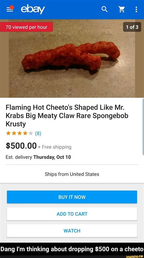 Flaming Hot Cheetos Shaped Like Mr Krabs Big Meaty Claw Rare Spongebob Krusty 8 500