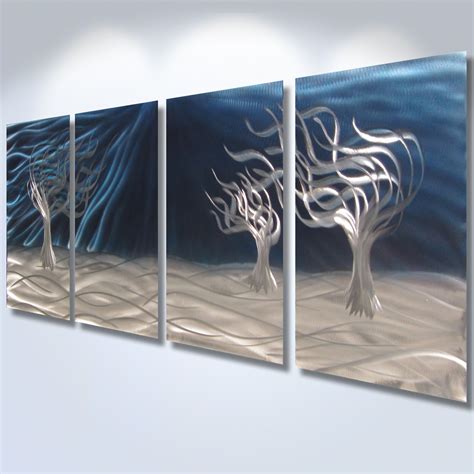 3 Trees Blue Abstract Metal Wall Art Contemporary Modern Decor On