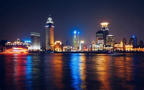 Shanghai China Huangpu River Night Skyscrapers Preview