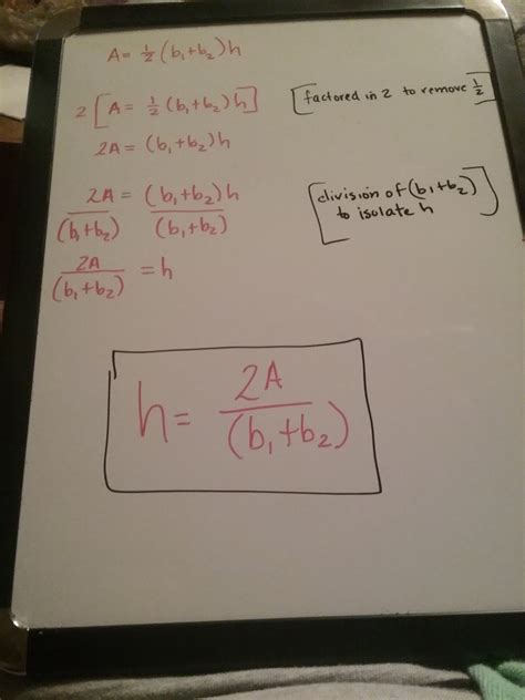 The formula for finding the area of a trapezoid is A = 1/2(b1+b2) h