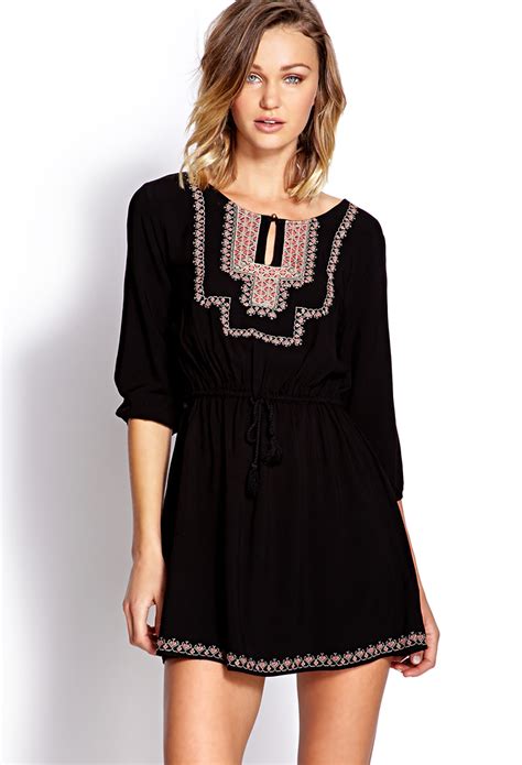 Forever 21 Embroidered Peasant Dress In Black Lyst