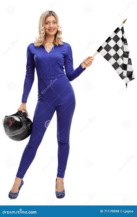 Racing Woman Holding A Checkered Race Flag Stock Photo Image 71170098