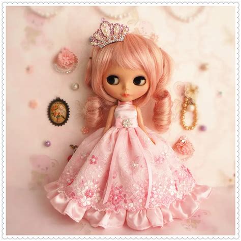 Clothes For Dolls Pink Flowers Lace Dress With Small Crown Wt08 Suitable For 16 Blyth Doll
