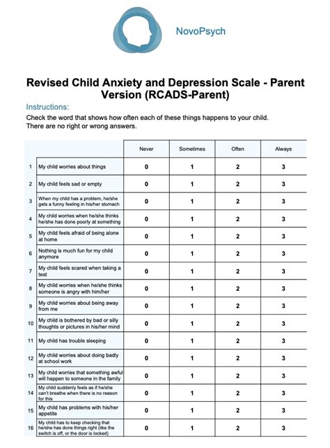 Revised Child Anxiety And Depression Scale Parent Rcads Parent