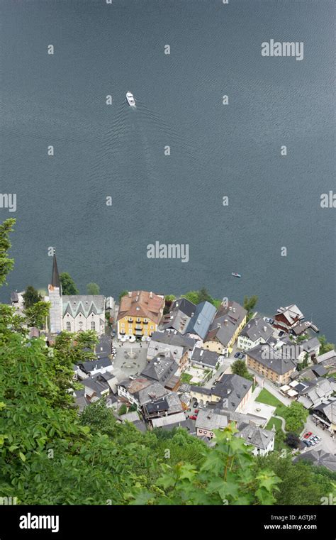 Aerial View Of Hallstatt Village And Hallstattersee Lake Salzkammergut