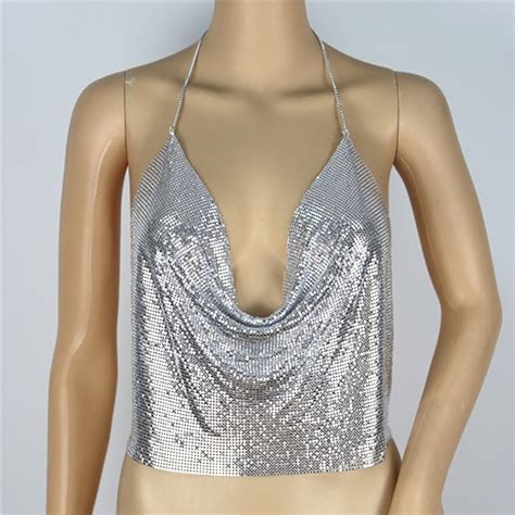 Goesdoor Womens Bling Sequin Chain Tank Tops Sexy Deep V Neck Backless