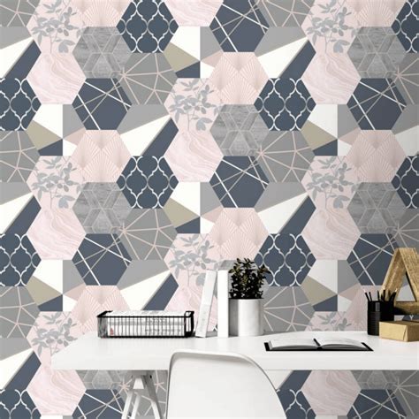 Rasch Geometric Patchwork Hexagon Interlocking Metallic Wallpaper 2