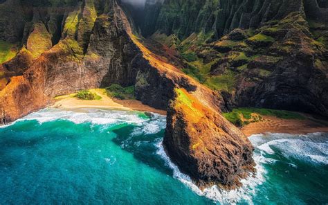 壁纸 夏威夷群岛，海滩，山，海洋，夏威夷，海，美国，顶视图 1920x1200 Hd 高清壁纸 图片 照片