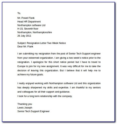 Resignation Letter Template Four Weeks Notice