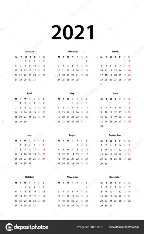 Calendario 2021 Modello Calendario Semplice 2021 Stock Vector By