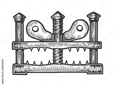 Thumbscrew Medieval Torture Device Sketch Engraving Vector Illustration