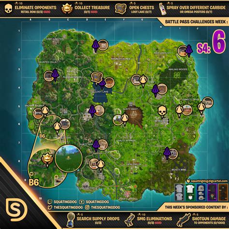 All challenges in week 1 of season 5 in fortnite, with tips and tricks for completing each one and getting your battle star rewards. Season 4 Week 6 Fortnite Challenges Guide, Map, & Cheat ...