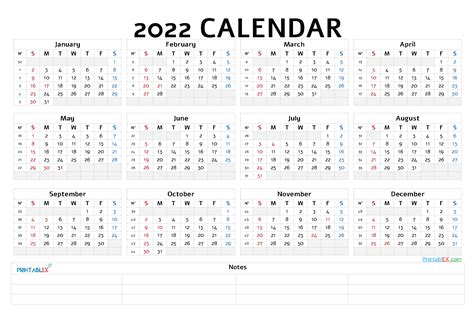 Printable Calendar With Holidays 2022 Landscape Pdf Image