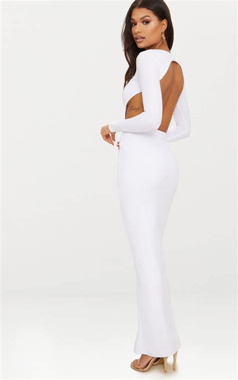 White Backless Long Sleeve Maxi Dress Prettylittlething Uae