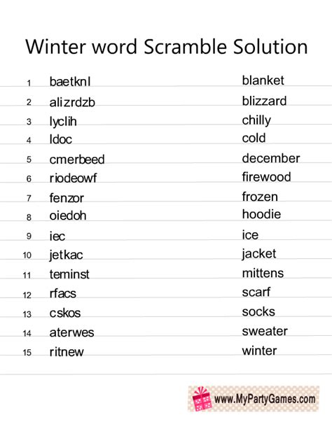 Free Printable Winter Word Scramble Puzzles