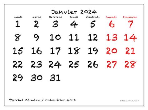 Calendrier Janvier 2024 46ld Michel Zbinden Ch