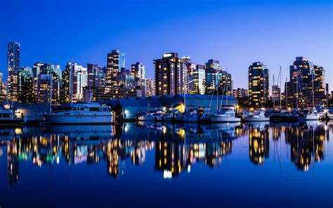 Vancouver Canada City Night Lights Buildings Sea Yacht