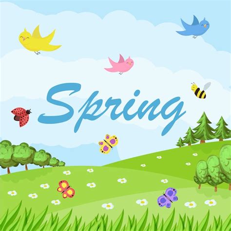 Premium Vector Spring Cartoon Landscape With Trees And Clouds