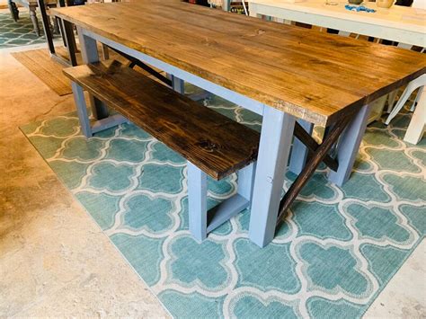 7ft Rustic Farmhouse Table With Benches Dark Walnut Top With Etsy