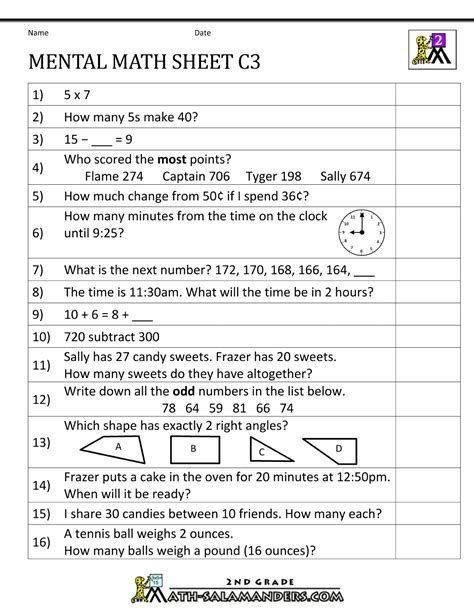 Answers to all student questions are confidential, and student names are removed from all assessment materials before leaving the school. Mental Math Worksheet 2nd Grade