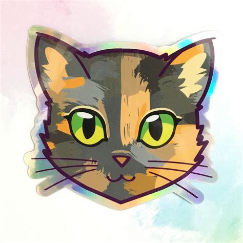 Tortoiseshell Cat Face Green Eyes Holographic Sticker Etsy In 2022