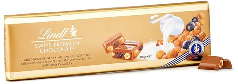 Lindt Swiss Premium Gold Milk Chocolate With Hazelnuts And Raisins Bar