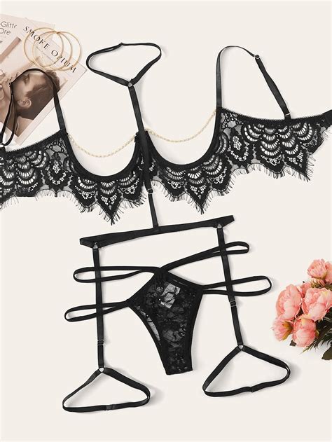 Floral Lace Sheer Underwire Garter Lingerie Set Check Out This Floral Lace Sheer Underwire