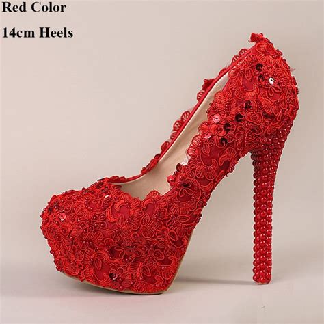 Red Bridal High Heel Flower Lace Wedding Shoes Prom Shoe Bridesmaid Evening Party Spike Red