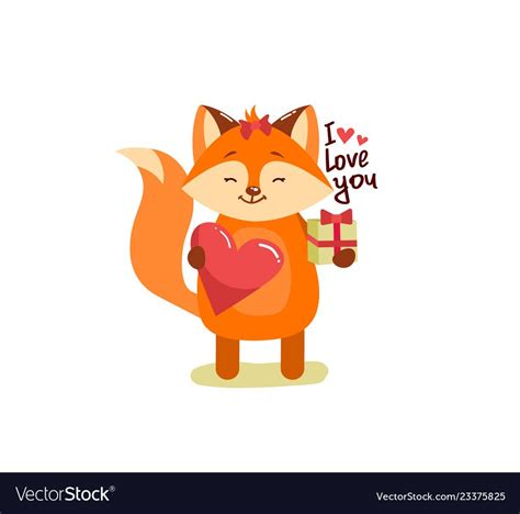 Cute Cartoon Lovely Red Fox With Pink Large Heart And Text I Love You