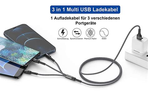 Raviad Multi Usb Kabel Universal Ladekabel 12m Nylon Schnell 3 In 1