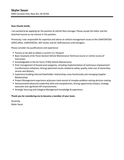 Vehicle Fleet Manager Cover Letter Velvet Jobs