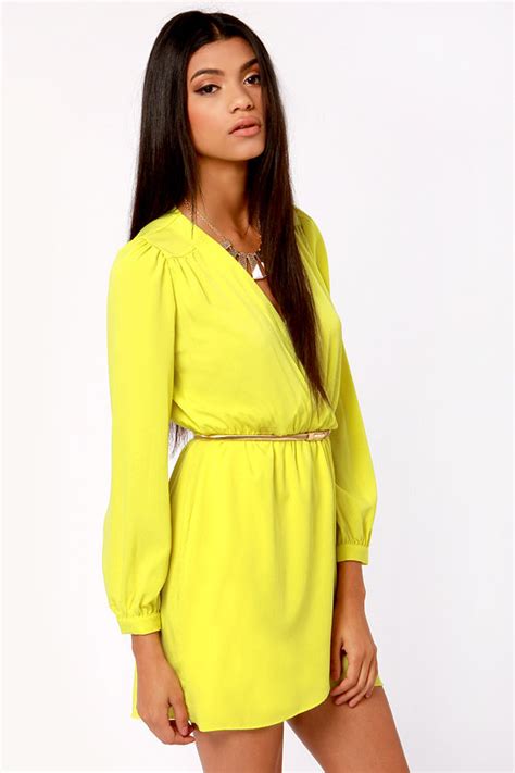 Cute Neon Yellow Dress Wrap Dress Long Sleeve Dress 4900