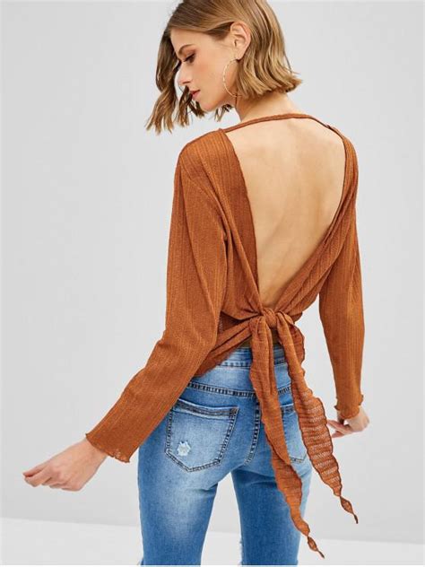 31 Off 2021 Zaful Tied Backless Long Sleeve Knit Tee In Sepia Zaful