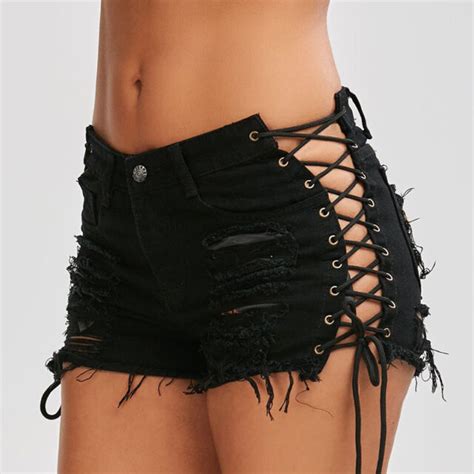 Women Lace Up Ripped Jeans Short Hot Pants Distressed Summer Casual
