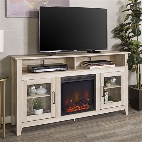 Walker Edison Tall Fireplace Tv Stand For Tvs Up To 64 White Oak