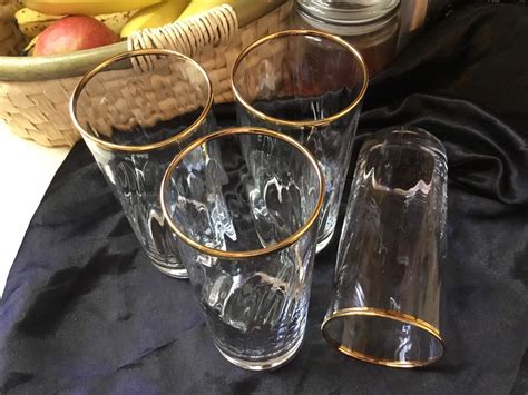 Vintage Barware~tall Drinking Glasses ~swirl Clear Elegant Glasses With Gold Trim ~high Ball Bar