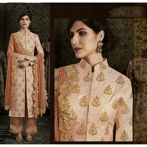 Salwar Suits Peach Colored Brocade Embroidered Semi Stitched