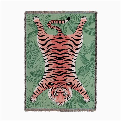 Tiger Flat Pink On Green Woven Throw By Jacqueline Colley Textiles Fy
