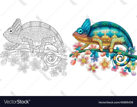 Chameleon Lizard Adult Coloring Page Royalty Free Vector