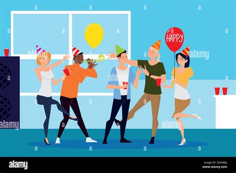 Group People Dancing Celebrating Party With Balloons And Drinks Vector