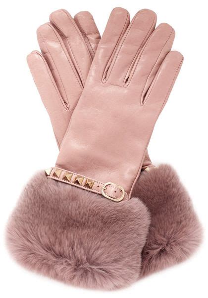 Valentino Pink Rabbit Fur Trimmed Cuff Rockstud Leather Gloves