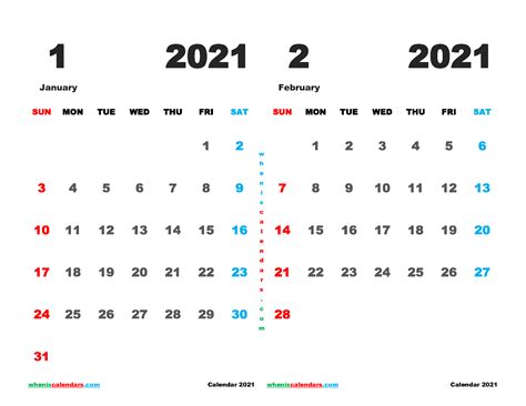 Printable January And February 2021 Calendar 12 Templates