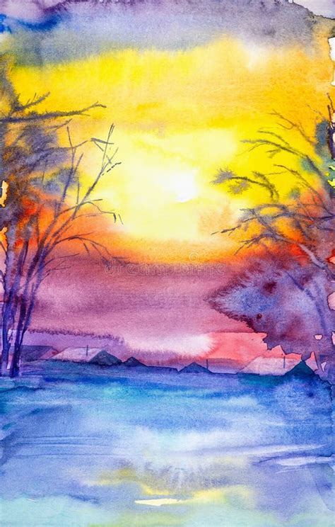 Watercolor Landscape Winter Sunset In The Village Among The Trees