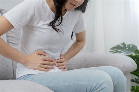 Flatulence Ulcer Asian Young Woman Girl Hands In Belly Stomachache