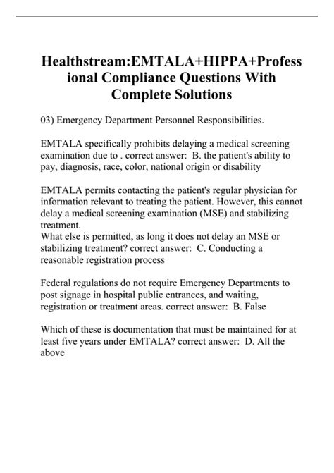 Healthstream:EMTALA+HIPPA+Professional Compliance Questions With
