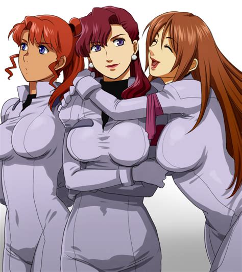 Safebooru 3girls 90s Bodysuit Breasts Brown Hair Dark Skin Earrings Gundam Happy Hug Jewelry