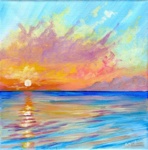 Acrylic Painting Of A Soft Dawn Over The Ocean Sunrise Art Painting