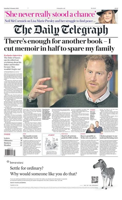 Daily Telegraph Front Page 14th Of January 2023 Tomorrows Papers Today